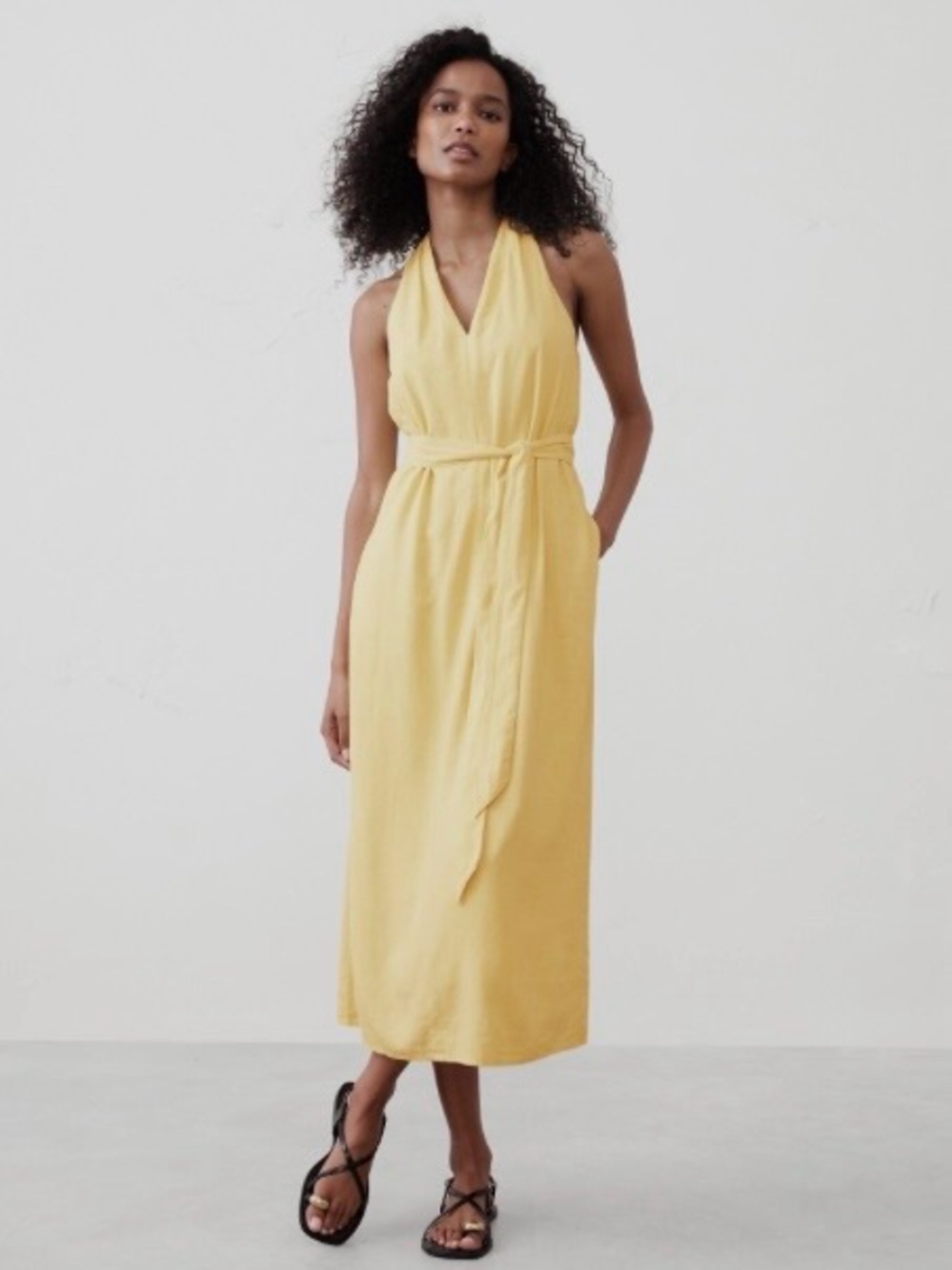 Linen-Blend Twist-Back Midi Dress Size M Pastel yellow Resort Vaca - Picture 1 of 11